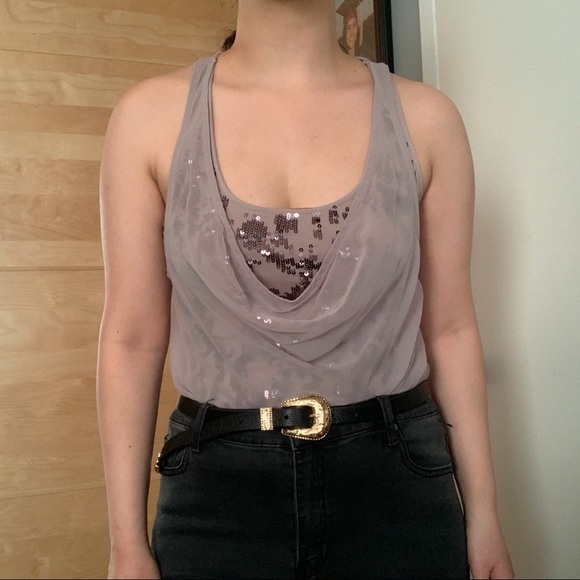 GUESS Sequin Cowl Neck Chiffon Embellished Blouse - Picture 4 of 12